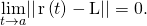 Rendered by QuickLaTeX.com \underset{t\to a}{\text{lim}}||\phantom{\rule{0.1em}{0ex}}\text{r}\left(t\right)-\text{L}||=0.