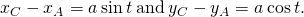 Rendered by QuickLaTeX.com {x}_{C}-{x}_{A}=a\phantom{\rule{0.2em}{0ex}}\text{sin}\phantom{\rule{0.2em}{0ex}}t\phantom{\rule{0.2em}{0ex}}\text{and}\phantom{\rule{0.2em}{0ex}}{y}_{C}-{y}_{A}=a\phantom{\rule{0.2em}{0ex}}\text{cos}\phantom{\rule{0.2em}{0ex}}t.