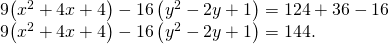 Rendered by QuickLaTeX.com \begin{array}{}\\ 9\left({x}^{2}+4x+4\right)-16\left({y}^{2}-2y+1\right)=124+36-16\hfill \\ 9\left({x}^{2}+4x+4\right)-16\left({y}^{2}-2y+1\right)=144.\hfill \end{array}