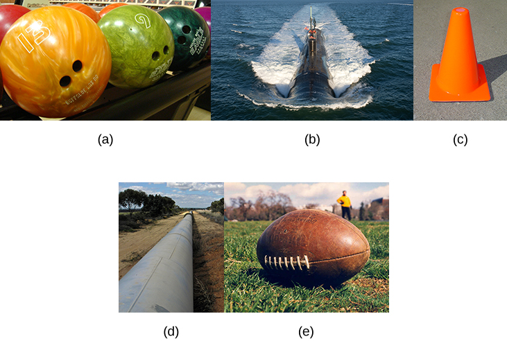 This figure has 5 images. The first image shows bowling balls. The second image is a submarine traveling on an ocean surface. The third image is a traffic cone. The fourth image is a pipeline across some barren land. The fifth image is a football.