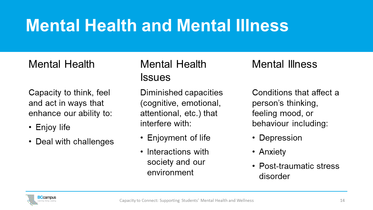 slide 14: definition of mental health, mental health issues and mental illness