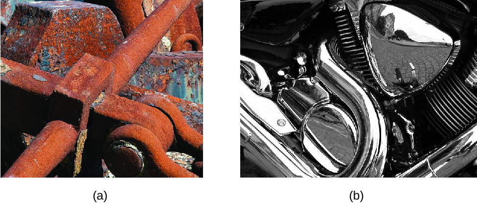 Figure A is a photo of metal machinery that is now mostly covered with reddish orange rust. Figure B shows the silver colored chrome parts of a motorcycle. One of the parts is so shiny that you can see a reflection of the surrounding street and buildings.