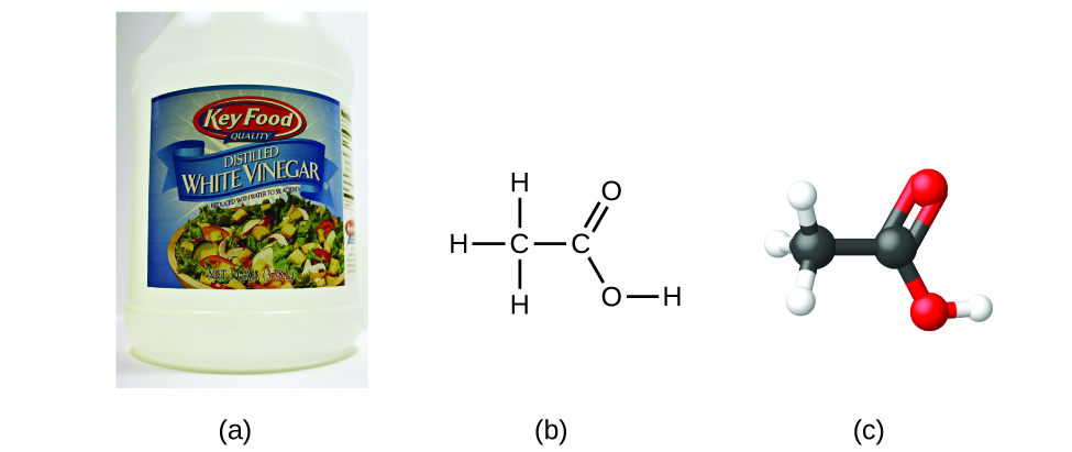 La figura A muestra una jarra de vinagre blanco destilado. La figura B muestra una fórmula estructural del ácido acético que contiene dos átomos de carbono conectados por un enlace simple. El átomo de carbono izquierdo forma enlaces simples con tres átomos de hidrógeno. El átomo de carbono derecho forma un doble enlace con un átomo de oxígeno. El átomo de carbono derecho también forma un enlace simple con un átomo de oxígeno. Este oxígeno forma un enlace simple con un átomo de hidrógeno. La figura C muestra un modelo tridimensional del ácido acético.