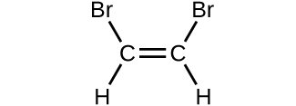 A structure is shown. Two C atoms form double bonds with each other. Each C atom also forms a single bond with an H atom and a B r atom.