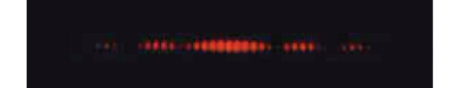 This image shows interference patterns for light passing through a narrow slit. Four distinct colored bands are arranged from top to bottom. The top band shows white light, the second red, the third green, and the fourth is blue. Each band shows a central square of color with narrower vertically oriented bands extending left and right on a black background.