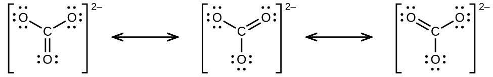 Three Lewis structures are shown, with double-headed arrows in between, each surrounded by brackets and a superscripted two negative sign. The left structure depicts a carbon atom bonded to three oxygen atoms. It is single bonded to two of these oxygen atoms, each of which has three lone pairs of electrons, and double bonded to the third, which has two lone pairs of electrons. The double bond is located between the bottom oxygen and the carbon. The central and right structures are the same as the first, but the position of the double bonded oxygen has moved to the left oxygen in the right structure while the central structure only has single bonds. The lone pairs of electrons change to correspond with the bonds as well.