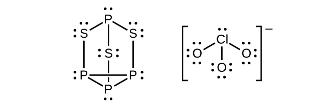 Two Lewis structure are shown, the left of which depicts three phosphorus atoms single bonded together to form a triangle. Each phosphorus is bonded to a sulfur atom by a vertical single bond and each of those sulfur atoms is then bonded to a single phosphorus atom so that a six-sided ring is created with a sulfur in the middle. Each sulfur atom in this structure has two lone pairs of electrons while each phosphorus has one lone pair. The second Lewis structure shows a chlorine atom with one lone pair of electrons single bonded to three oxygen atoms, each of which has three lone pairs of electrons.