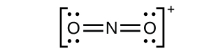 This Lewis structure shows a nitrogen atom double bonded on both sides to an oxygen atom which has two lone pairs of electrons each. The structure is surrounded by brackets and outside and superscript to the brackets is a negative sign.