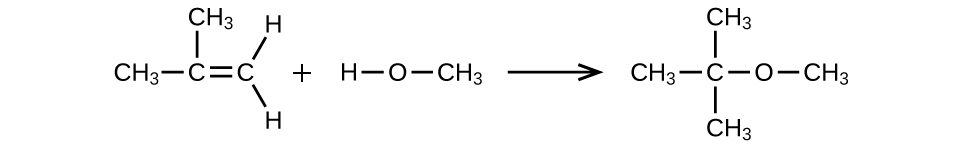 A reaction is shown. The first molecule is a C atom bonded to another C atom. The first C atom (from left to right) is bonded to two C H subscript 3 groups. The second C atom is bonded to two H atoms. There is a plus sign. The next molecule shows an H atom bonded to an O atom bonded to a C H subscript 3 group. There is an arrow pointing right. This molecule shows a C atom bonded to three C H subscript 3 groups. The C atom is also bonded to an O atom which is also bonded to a C H subscript 3 group.