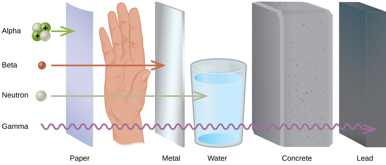 A diagram shows four particles in a vertical column on the left, followed by an upright sheet of paper, a person’s hand, an upright sheet of metal, a glass of water, a thick block of concrete and an upright, thick piece of lead. The top particle listed is made up of two white spheres and two green spheres that are labeled with positive signs and is labeled “Alpha.” A right-facing arrow leads from this to the paper. The second particle is a red sphere labeled “Beta” and is followed by a right-facing arrow that passes through the paper and stops at the hand. The third particle is a white sphere labeled “Neutron” and is followed by a right-facing arrow that passes through the paper, hand and metal but is stopped at the glass of water. The fourth particle is shown by a squiggly arrow and it passes through all of the substances but stops at the lead. Terms at the bottom read, from left to right, “Paper,” “Metal,” “Water,” “Concrete” and “Lead.”