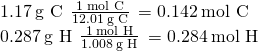 Rendered by QuickLaTeX.com \begin{array}{l}\\ 1.17\phantom{\rule{0.2em}{0ex}}\text{g C}\phantom{\rule{0.2em}{0ex}}×\phantom{\rule{0.2em}{0ex}}\frac{1\phantom{\rule{0.2em}{0ex}}\text{mol C}}{12.01\phantom{\rule{0.2em}{0ex}}\text{g C}}\phantom{\rule{0.2em}{0ex}}=0.142\phantom{\rule{0.2em}{0ex}}\text{mol C}\\ 0.287\phantom{\rule{0.2em}{0ex}}\text{g H}\phantom{\rule{0.2em}{0ex}}×\phantom{\rule{0.2em}{0ex}}\frac{1\phantom{\rule{0.2em}{0ex}}\text{mol H}}{1.008\phantom{\rule{0.2em}{0ex}}\text{g H}}\phantom{\rule{0.2em}{0ex}}=0.284\phantom{\rule{0.2em}{0ex}}\text{mol H}\end{array}