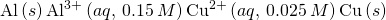 Rendered by QuickLaTeX.com \text{Al}\left(s\right)│{\text{Al}}^{3+}\left(aq,\phantom{\rule{0.2em}{0ex}}0.15\phantom{\rule{0.2em}{0ex}}M\right)║{\text{Cu}}^{2+}\left(aq,\phantom{\rule{0.2em}{0ex}}0.025\phantom{\rule{0.2em}{0ex}}M\right)│\text{Cu}\left(s\right)