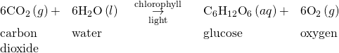 Rendered by QuickLaTeX.com \begin{array}{lllll}6{\text{CO}}_{2}\left(g\right)+\hfill & 6{\text{H}}_{2}\text{O}\left(l\right)\hfill & \underset{\text{light}}{\overset{\phantom{\rule{0.4em}{0ex}}\text{chlorophyll}\phantom{\rule{0.4em}{0ex}}}{\to }}\phantom{\rule{0.2em}{0ex}}\hfill & {\text{C}}_{6}{\text{H}}_{12}{\text{O}}_{6}\left(aq\right)+\hfill & 6{\text{O}}_{2}\left(g\right)\hfill \\ \text{carbon}\hfill & \text{water}\hfill & \hfill & \text{glucose}\hfill & \text{oxygen}\hfill \\ \text{dioxide}\hfill & \hfill & \hfill & \hfill & \hfill \end{array}