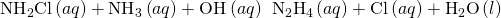 Rendered by QuickLaTeX.com {\text{NH}}_{2}\text{Cl}\left(aq\right)+{\text{NH}}_{3}\left(aq\right)+{\text{OH}}^{\text{−}}\left(aq\right)\phantom{\rule{0.2em}{0ex}}⟶\phantom{\rule{0.2em}{0ex}}{\text{N}}_{2}{\text{H}}_{4}\left(aq\right)+{\text{Cl}}^{\text{−}}\left(aq\right)+{\text{H}}_{2}\text{O}\left(l\right)