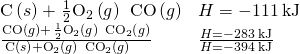 Rendered by QuickLaTeX.com \begin{array}{ll}\text{C}\left(s\right)+\phantom{\rule{0.1em}{0ex}}\frac{1}{2}{\text{O}}_{2}\left(g\right)\phantom{\rule{0.2em}{0ex}}⟶\phantom{\rule{0.2em}{0ex}}\text{CO}\left(g\right)\hfill & \text{Δ}H\text{°}=-111\phantom{\rule{0.2em}{0ex}}\text{kJ}\hfill \\ \frac{\text{CO}\left(g\right)+\phantom{\rule{0.1em}{0ex}}\frac{1}{2}{\text{O}}_{2}\left(g\right)\phantom{\rule{0.2em}{0ex}}⟶\phantom{\rule{0.2em}{0ex}}{\text{CO}}_{2}\left(g\right)}{\text{C}\left(s\right)+{\text{O}}_{2}\left(g\right)\phantom{\rule{0.2em}{0ex}}⟶\phantom{\rule{0.2em}{0ex}}{\text{CO}}_{2}\left(g\right)\phantom{\rule{1em}{0ex}}}\hfill & \frac{\text{Δ}H\text{°}=-283\phantom{\rule{0.2em}{0ex}}\text{kJ}}{\text{Δ}H\text{°}=-394\phantom{\rule{0.2em}{0ex}}\text{kJ}}\hfill \end{array}