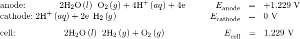 Rendered by QuickLaTeX.com \begin{array}{c}\underset{¯}{\begin{array}{llllll}\text{anode:}\phantom{\rule{3.83em}{0ex}}2{\text{H}}_{2}\text{O}\left(l\right)\phantom{\rule{0.2em}{0ex}}⟶\phantom{\rule{0.2em}{0ex}}{\text{O}}_{2}\left(g\right)+{\text{4H}}^{\text{+}}\left(aq\right)+{\text{4e}}^{\text{−}}& & & \hfill {E}_{\text{anode}}^{°}& =\hfill & \text{+1.229 V}\hfill \\ \text{cathode:}\phantom{\rule{0.3em}{0ex}}2{\text{H}}^{\text{+}}\left(aq\right)+{\text{2e}}^{\text{−}}\phantom{\rule{0.2em}{0ex}}⟶\phantom{\rule{0.2em}{0ex}}{\text{H}}_{2}\left(g\right)\hfill & & & \hfill {E}_{\text{cathode}}^{°}& =\hfill & \text{0 V}\hfill \end{array}}\hfill \\ \begin{array}{cccccc}\text{cell:}\phantom{\rule{5.5em}{0ex}}2{\text{H}}_{2}\text{O}\left(l\right)\phantom{\rule{0.2em}{0ex}}⟶\phantom{\rule{0.2em}{0ex}}{\text{2H}}_{2}\left(g\right)+{\text{O}}_{2}\left(g\right)\hfill & & & \hfill \phantom{\rule{4em}{0ex}}{E}_{\text{cell}}^{°}& =\hfill & \text{−1.229 V}\hfill \end{array}\hfill \end{array}