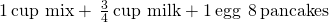 Rendered by QuickLaTeX.com 1\phantom{\rule{0.2em}{0ex}}\text{cup mix}+\phantom{\rule{0.2em}{0ex}}\frac{3}{4}\phantom{\rule{0.2em}{0ex}}\text{cup milk}+1\phantom{\rule{0.2em}{0ex}}\text{egg}\phantom{\rule{0.2em}{0ex}}⟶\phantom{\rule{0.2em}{0ex}}8\phantom{\rule{0.2em}{0ex}}\text{pancakes}