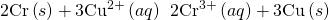 Rendered by QuickLaTeX.com 2\text{Cr}\left(s\right)+3{\text{Cu}}^{2+}\left(aq\right)\phantom{\rule{0.2em}{0ex}}⟶\phantom{\rule{0.2em}{0ex}}2{\text{Cr}}^{3+}\left(aq\right)+3\text{Cu}\left(s\right)