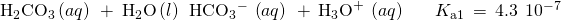 Rendered by QuickLaTeX.com \begin{array}{ccc}\hfill {\text{H}}_{2}{\text{CO}}_{3}\left(aq\right) \phantom{\rule{0.2em}{0ex}}+\phantom{\rule{0.2em}{0ex}}{\text{H}}_{2}\text{O}\left(l\right)\phantom{\rule{0.2em}{0ex}}⇌\phantom{\rule{0.2em}{0ex}}{\text{HCO}}_{3}{}^{-}\phantom{\rule{0.2em}{0ex}}\left(aq\right)\phantom{\rule{0.2em}{0ex}}+\phantom{\rule{0.2em}{0ex}}{\text{H}}_{3}{\text{O}}^{+}\phantom{\rule{0.2em}{0ex}}\left(aq\right) \hfill & & \hfill {K}_{\text{a}1}\phantom{\rule{0.2em}{0ex}}=\phantom{\rule{0.2em}{0ex}}4.3\phantom{\rule{0.2em}{0ex}}×\phantom{\rule{0.2em}{0ex}}{10}^{-7}\hfill \end{array}