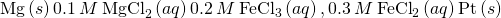 Rendered by QuickLaTeX.com \text{Mg}\left(s\right)│0.1\phantom{\rule{0.2em}{0ex}}M\phantom{\rule{0.2em}{0ex}}{\text{MgCl}}_{2}\left(aq\right)║0.2\phantom{\rule{0.2em}{0ex}}M\phantom{\rule{0.2em}{0ex}}{\text{FeCl}}_{3}\left(aq\right),0.3\phantom{\rule{0.2em}{0ex}}M\phantom{\rule{0.2em}{0ex}}{\text{FeCl}}_{2}\left(aq\right)│\text{Pt}\left(s\right)