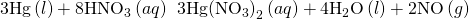 Rendered by QuickLaTeX.com \text{3Hg}\left(l\right)+{\text{8HNO}}_{3}\left(aq\right)\phantom{\rule{0.2em}{0ex}}⟶\phantom{\rule{0.2em}{0ex}}\text{3Hg}{\left({\text{NO}}_{3}\right)}_{2}\left(aq\right)+{\text{4H}}_{2}\text{O}\left(l\right)+\text{2NO}\left(g\right)