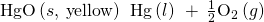 Rendered by QuickLaTeX.com \text{HgO}\left(s,\phantom{\rule{0.2em}{0ex}}\text{yellow}\right)\phantom{\rule{0.2em}{0ex}}⟶\phantom{\rule{0.2em}{0ex}}\text{Hg}\left(l\right)\phantom{\rule{0.2em}{0ex}}+\phantom{\rule{0.2em}{0ex}}\frac{1}{2}{\text{O}}_{2}\left(g\right)