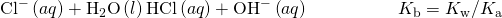 Rendered by QuickLaTeX.com {\text{Cl}}^{-}\left(aq\right)+{\text{H}}_{2}\text{O}\left(l\right)⇌\text{HCl}\left(aq\right)+{\text{OH}}^{-}\left(aq\right)\phantom{\rule{5em}{0ex}}{K}_{\text{b}}={K}_{\text{w}}\text{/}{K}_{\text{a}}