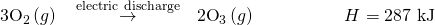 Rendered by QuickLaTeX.com 3{\text{O}}_{2}\left(g\right)\phantom{\rule{0.2em}{0ex}}\stackrel{\phantom{\rule{0.5em}{0ex}}\text{electric discharge}\phantom{\rule{0.5em}{0ex}}}{\to }\phantom{\rule{0.2em}{0ex}}2{\text{O}}_{3}\left(g\right)\phantom{\rule{5em}{0ex}}\text{Δ}H\text{°}=\text{287 kJ}