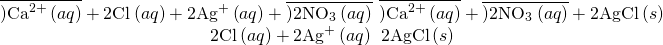 Rendered by QuickLaTeX.com \begin{array}{c}\overline{){\text{Ca}}^{2+}\left(aq\right)}+2{\text{Cl}}^{\text{−}}\left(aq\right)+2{\text{Ag}}^{+}\left(aq\right)+\overline{)2{\text{NO}}_{3}{}^{\text{−}}\left(aq\right)}\phantom{\rule{0.2em}{0ex}}⟶\phantom{\rule{0.2em}{0ex}}\overline{){\text{Ca}}^{2+}\left(aq\right)}+\overline{)2{\text{NO}}_{3}{}^{\text{−}}\left(aq\right)}+2\text{AgCl}\left(s\right)\\ 2{\text{Cl}}^{\text{−}}\left(aq\right)+2{\text{Ag}}^{\text{+}}\left(aq\right)\phantom{\rule{0.2em}{0ex}}⟶\phantom{\rule{0.2em}{0ex}}2\text{AgCl}\left(s\right)\end{array}