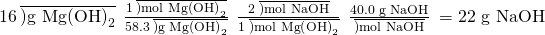 Rendered by QuickLaTeX.com 16\phantom{\rule{0.2em}{0ex}}\overline{)\text{g Mg}{\left(\text{OH}\right)}_{2}}\phantom{\rule{0.2em}{0ex}}×\phantom{\rule{0.2em}{0ex}}\frac{1\phantom{\rule{0.2em}{0ex}}\overline{)\text{mol Mg}{\left(\text{OH}\right)}_{2}}}{58.3\phantom{\rule{0.2em}{0ex}}\overline{)\text{g Mg}{\left(\text{OH}\right)}_{2}}}\phantom{\rule{0.2em}{0ex}}×\phantom{\rule{0.2em}{0ex}}\frac{2\phantom{\rule{0.2em}{0ex}}\overline{)\text{mol NaOH}}}{1\phantom{\rule{0.2em}{0ex}}\overline{)\text{mol Mg}{\left(\text{OH}\right)}_{2}}}\phantom{\rule{0.2em}{0ex}}×\phantom{\rule{0.2em}{0ex}}\frac{\text{40.0 g NaOH}}{\overline{)\text{mol NaOH}}}\phantom{\rule{0.2em}{0ex}}=\text{22 g NaOH}