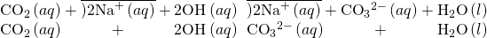 Rendered by QuickLaTeX.com \begin{array}{}\\ {\text{CO}}_{2}\left(aq\right)+\overline{)2{\text{Na}}^{\text{+}}\left(aq\right)}+2{\text{OH}}^{\text{−}}\left(aq\right)\phantom{\rule{0.2em}{0ex}}⟶\phantom{\rule{0.2em}{0ex}}\overline{)2{\text{Na}}^{\text{+}}\left(aq\right)}+{\text{CO}}_{3}{}^{2-}\left(aq\right)+{\text{H}}_{2}\text{O}\left(l\right)\\ {\text{CO}}_{2}\left(aq\right)+2{\text{OH}}^{\text{−}}\left(aq\right)\phantom{\rule{0.2em}{0ex}}⟶\phantom{\rule{0.2em}{0ex}}{\text{CO}}_{3}{}^{2-}\left(aq\right)+{\text{H}}_{2}\text{O}\left(l\right)\end{array}