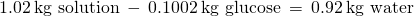 Rendered by QuickLaTeX.com 1.02\phantom{\rule{0.2em}{0ex}}\text{kg solution}\phantom{\rule{0.2em}{0ex}}-\phantom{\rule{0.2em}{0ex}}0.1002\phantom{\rule{0.2em}{0ex}}\text{kg glucose}\phantom{\rule{0.2em}{0ex}}=\phantom{\rule{0.2em}{0ex}}0.92\phantom{\rule{0.2em}{0ex}}\text{kg water}