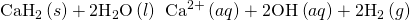 Rendered by QuickLaTeX.com {\text{CaH}}_{2}\left(s\right)+{\text{2H}}_{2}\text{O}\left(l\right)\phantom{\rule{0.2em}{0ex}}⟶\phantom{\rule{0.2em}{0ex}}{\text{Ca}}^{2+}\left(aq\right)+{\text{2OH}}^{\text{−}}\left(aq\right)+{\text{2H}}_{2}\left(g\right)
