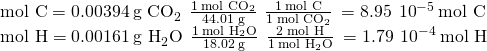 Rendered by QuickLaTeX.com \begin{array}{l}\\ \text{mol C}=0.00394\phantom{\rule{0.2em}{0ex}}{\text{g CO}}_{2}\phantom{\rule{0.2em}{0ex}}×\phantom{\rule{0.2em}{0ex}}\frac{1\phantom{\rule{0.2em}{0ex}}{\text{mol CO}}_{2}}{\text{44.01 g}}\phantom{\rule{0.2em}{0ex}}×\phantom{\rule{0.2em}{0ex}}\frac{1\phantom{\rule{0.2em}{0ex}}\text{mol C}}{1\phantom{\rule{0.2em}{0ex}}{\text{mol CO}}_{2}}\phantom{\rule{0.2em}{0ex}}=8.95\phantom{\rule{0.2em}{0ex}}×\phantom{\rule{0.2em}{0ex}}{10}^{-5}\phantom{\rule{0.2em}{0ex}}\text{mol C}\\ \text{mol H}=0.00161\phantom{\rule{0.2em}{0ex}}{\text{g H}}_{2}\text{O}\phantom{\rule{0.2em}{0ex}}×\phantom{\rule{0.2em}{0ex}}\frac{1\phantom{\rule{0.2em}{0ex}}{\text{mol H}}_{2}\text{O}}{18.02\phantom{\rule{0.2em}{0ex}}\text{g}}\phantom{\rule{0.2em}{0ex}}×\phantom{\rule{0.2em}{0ex}}\frac{2\phantom{\rule{0.2em}{0ex}}\text{mol H}}{1\phantom{\rule{0.2em}{0ex}}{\text{mol H}}_{2}\text{O}}\phantom{\rule{0.2em}{0ex}}=1.79\phantom{\rule{0.2em}{0ex}}×\phantom{\rule{0.2em}{0ex}}{10}^{-4}\phantom{\rule{0.2em}{0ex}}\text{mol H}\end{array}