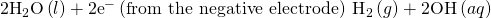 Rendered by QuickLaTeX.com 2{\text{H}}_{2}\text{O}\left(l\right)+2{\text{e}}^{-}\phantom{\rule{0.2em}{0ex}}\text{(from the negative electrode)}\phantom{\rule{0.2em}{0ex}}⟶\phantom{\rule{0.2em}{0ex}}{\text{H}}_{2}\left(g\right)+2{\text{OH}}^{\text{−}}\left(aq\right)