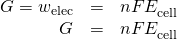 Rendered by QuickLaTeX.com \begin{array}{ccc}\hfill \text{Δ}G\text{°}={w}_{\text{elec}}& =\hfill & \text{−}nF{E}_{\text{cell}}^{\text{°}}\hfill \\ \hfill \text{Δ}G\text{°}& =\hfill & \text{−}nF{E}_{\text{cell}}^{\text{°}}\hfill \end{array}