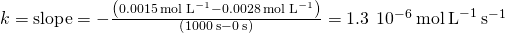 Rendered by QuickLaTeX.com k=\text{−slope}=-\frac{\left(0.0015\phantom{\rule{0.2em}{0ex}}\text{mol}\phantom{\rule{0.2em}{0ex}}{\text{L}}^{-1}-0.0028\phantom{\rule{0.2em}{0ex}}\text{mol}\phantom{\rule{0.2em}{0ex}}{\text{L}}^{-1}\right)}{\left(1000\phantom{\rule{0.2em}{0ex}}\text{s}-0\phantom{\rule{0.2em}{0ex}}\text{s}\right)}=1.3\phantom{\rule{0.2em}{0ex}}×\phantom{\rule{0.2em}{0ex}}{10}^{-6}\phantom{\rule{0.2em}{0ex}}\text{mol}\phantom{\rule{0.2em}{0ex}}{\text{L}}^{-1}\phantom{\rule{0.2em}{0ex}}{\text{s}}^{-1}