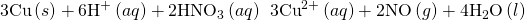 Rendered by QuickLaTeX.com 3\text{Cu}\left(s\right)+6{\text{H}}^{\text{+}}\left(aq\right)+2{\text{HNO}}_{3}\left(aq\right)\phantom{\rule{0.2em}{0ex}}⟶\phantom{\rule{0.2em}{0ex}}3{\text{Cu}}^{2+}\left(aq\right)+2\text{NO}\left(g\right)+4{\text{H}}_{2}\text{O}\left(l\right)