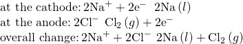 Rendered by QuickLaTeX.com \begin{array}{l}\text{at the cathode:}\phantom{\rule{0.2em}{0ex}}{\text{2Na}}^{+}+{\text{2e}}^{-}\phantom{\rule{0.2em}{0ex}}⟶\phantom{\rule{0.4em}{0ex}}\text{2Na}\left(l\right)\\ \text{at the anode:}\phantom{\rule{0.2em}{0ex}}{\text{2Cl}}^{-}\phantom{\rule{0.2em}{0ex}}⟶\phantom{\rule{0.2em}{0ex}}{\text{Cl}}_{2}\left(g\right)+{\text{2e}}^{-}\\ \text{overall change:}\phantom{\rule{0.2em}{0ex}}{\text{2Na}}^{+}+{\text{2Cl}}^{-}\phantom{\rule{0.2em}{0ex}}⟶\phantom{\rule{0.2em}{0ex}}\text{2Na}\left(l\right)+{\text{Cl}}_{2}\left(g\right)\end{array}