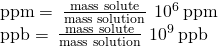Rendered by QuickLaTeX.com \begin{array}{l}\\ \text{ppm}=\phantom{\rule{0.2em}{0ex}}\frac{\text{mass solute}}{\text{mass solution}}\phantom{\rule{0.2em}{0ex}}×\phantom{\rule{0.2em}{0ex}}{10}^{6}\phantom{\rule{0.2em}{0ex}}\text{ppm}\\ \text{ppb}=\phantom{\rule{0.2em}{0ex}}\frac{\text{mass solute}}{\text{mass solution}}\phantom{\rule{0.2em}{0ex}}×\phantom{\rule{0.2em}{0ex}}{10}^{9}\phantom{\rule{0.2em}{0ex}}\text{ppb}\end{array}