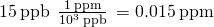 Rendered by QuickLaTeX.com 15\phantom{\rule{0.2em}{0ex}}\text{ppb}\phantom{\rule{0.2em}{0ex}}×\phantom{\rule{0.2em}{0ex}}\frac{1\phantom{\rule{0.2em}{0ex}}\text{ppm}}{{10}^{3}\phantom{\rule{0.2em}{0ex}}\text{ppb}}\phantom{\rule{0.2em}{0ex}}=0.015\phantom{\rule{0.2em}{0ex}}\text{ppm}
