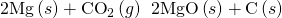 Rendered by QuickLaTeX.com \text{2Mg}\left(s\right)+{\text{CO}}_{2}\left(g\right)\phantom{\rule{0.2em}{0ex}}⟶\phantom{\rule{0.2em}{0ex}}\text{2MgO}\left(s\right)+\text{C}\left(s\right)