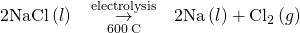 Rendered by QuickLaTeX.com \text{2NaCl}\left(l\right)\phantom{\rule{0.2em}{0ex}}\underset{600\phantom{\rule{0.2em}{0ex}}\text{°C}}{\overset{\phantom{\rule{0.5em}{0ex}}\text{electrolysis}\phantom{\rule{0.5em}{0ex}}}{\to }}\phantom{\rule{0.2em}{0ex}}\text{2Na}\left(l\right)+{\text{Cl}}_{2}\left(g\right)