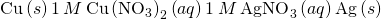 Rendered by QuickLaTeX.com \text{Cu}\left(s\right)│1\phantom{\rule{0.2em}{0ex}}M\phantom{\rule{0.2em}{0ex}}{\text{Cu}\left(\text{NO}}_{3}{\right)}_{2}\left(aq\right)║1\phantom{\rule{0.2em}{0ex}}M\phantom{\rule{0.2em}{0ex}}{\text{AgNO}}_{3}\left(aq\right)│\text{Ag}\left(s\right)