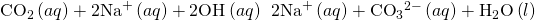 Rendered by QuickLaTeX.com {\text{CO}}_{2}\left(aq\right)+2{\text{Na}}^{\text{+}}\left(aq\right)+2{\text{OH}}^{\text{−}}\left(aq\right)\phantom{\rule{0.2em}{0ex}}⟶\phantom{\rule{0.2em}{0ex}}2{\text{Na}}^{\text{+}}\left(aq\right)+{\text{CO}}_{3}{}^{2-}\left(aq\right)+{\text{H}}_{2}\text{O}\left(l\right)