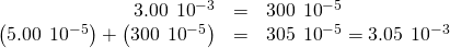 Rendered by QuickLaTeX.com \begin{array}{ccc}\hfill 3.00\phantom{\rule{0.2em}{0ex}}×\phantom{\rule{0.2em}{0ex}}{10}^{-3}& =& 300\phantom{\rule{0.2em}{0ex}}×\phantom{\rule{0.2em}{0ex}}{10}^{-5}\hfill \\ \hfill \left(5.00\phantom{\rule{0.2em}{0ex}}×\phantom{\rule{0.2em}{0ex}}{10}^{-5}\right)+\left(300\phantom{\rule{0.2em}{0ex}}×\phantom{\rule{0.2em}{0ex}}{10}^{-5}\right)& =& 305\phantom{\rule{0.2em}{0ex}}×\phantom{\rule{0.2em}{0ex}}{10}^{-5}=3.05\phantom{\rule{0.2em}{0ex}}×\phantom{\rule{0.2em}{0ex}}{10}^{-3}\hfill \end{array}