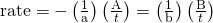 Rendered by QuickLaTeX.com \text{rate}=-\left(\frac{1}{\text{a}}\right)\left(\frac{\text{ΔA}}{\text{Δ}t}\right)=\left(\frac{1}{\text{b}}\right)\left(\frac{\text{ΔB}}{\text{Δ}t}\right)