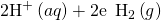 Rendered by QuickLaTeX.com 2{\text{H}}^{\text{+}}\left(aq\right)+2{\text{e}}^{\text{−}}\phantom{\rule{0.2em}{0ex}}⟶\phantom{\rule{0.2em}{0ex}}{\text{H}}_{2}\left(g\right)