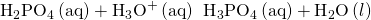 Rendered by QuickLaTeX.com {\text{H}}_{2}{\text{PO}}_{4}{}^{\text{−}}\left(\mathrm{aq}\right)+{\text{H}}_{3}{\text{O}}^{+}\left(\mathrm{aq}\right)\phantom{\rule{0.2em}{0ex}}⟶\phantom{\rule{0.2em}{0ex}}{\text{H}}_{3}{\text{PO}}_{4}\left(\mathrm{aq}\right)+{\text{H}}_{2}\text{O}\left(l\right)