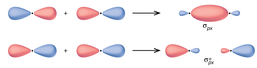 Two horizontal rows of diagrams are shown. The upper diagram shows two equally-sized peanut-shaped orbitals with a plus sign in between them connected to a merged orbital diagram by a right facing arrow. The merged diagram has a much larger oval at the center and much smaller ovular orbitals on the edge. It is labeled, 